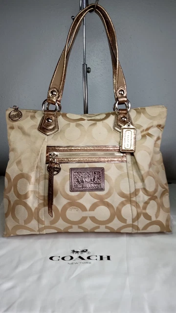 Coach Poppy Story Patch Large Metallic Gold Glam Tote  Canvas Patent Leather
