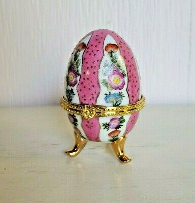 Pink and White Striped Footed Floral Egg-Shaped Hinged Trinket Box