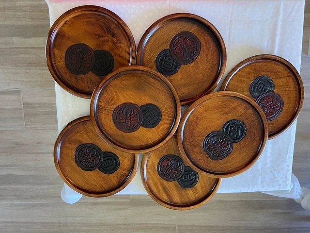 Set of (7) Asian Signed Wood Plates with Symbol Inlays Artisan Handmade UNIQUE 