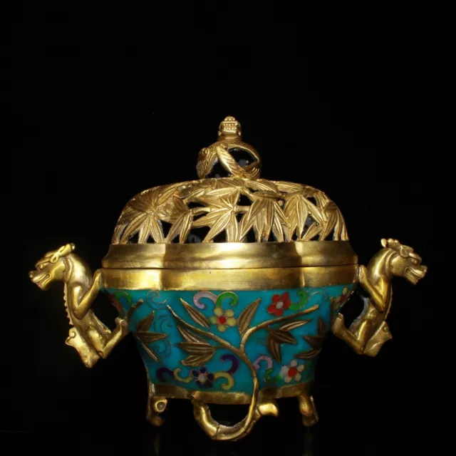 Old China Qing Dynasty Gilded Copper Cloisonne Enamel PiXiu Incense Burner