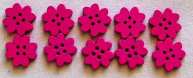 10 Pink Flower Shaped  15mm Wooden  Buttons