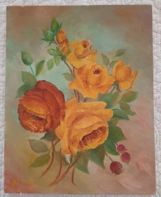 Vintage Floral Yellow Roses Oil Painting on Canvas Board 8 x 10 Signed 1984