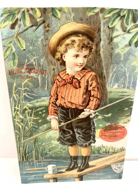 Victorian Trade Card "Buy Kellogg's Common Sense School Shoes"  Boy Fishing