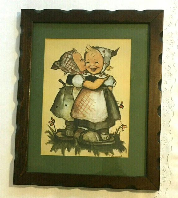 B Hummel Print Telling Her Secret Two Girls Ars Sacra Green Matte & Wood Framed
