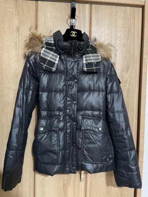 Burberry Blue Label Down Jacket Fur Hooded Black Check Women Size 38/M Used