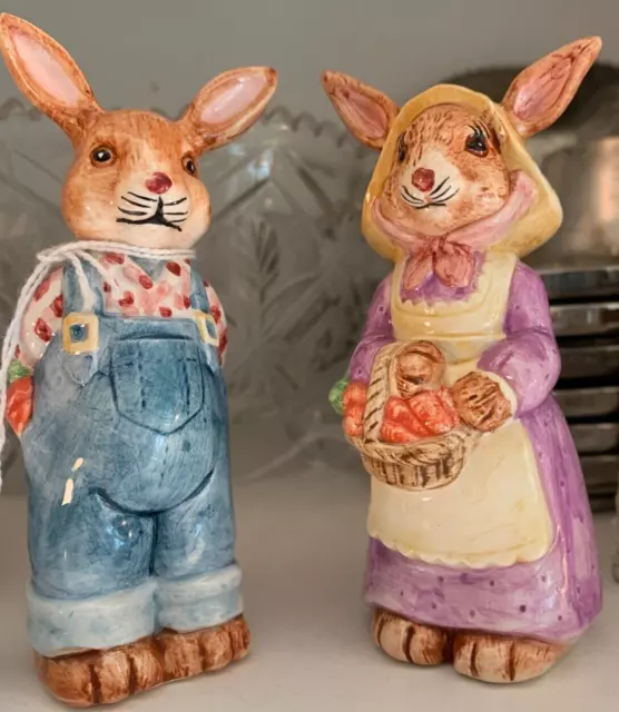 Blue Overalls and Pink Rabbits Salt and Pepper Shakers Easter Bunny