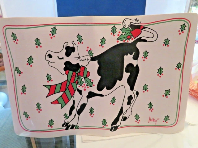 Vintage Vinyl Placemat Christmas Cow By Audrey Made In Taiwan  18" By 12"