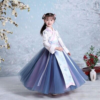 Kid Girl Embroidered Thick Chinese Tang Suit Mesh Swing Dress Fleece Lining Chic