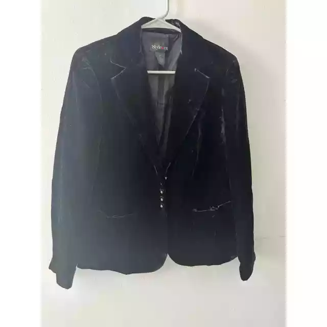 Style & Co. Blazer Jacket Velour Button Closure Long Sleeve Black Size 4