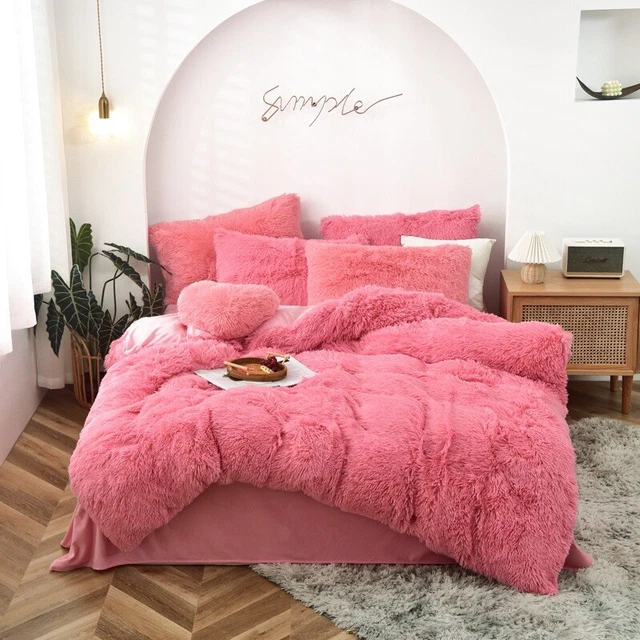 DOUBLE PINK Fluffy Velvet Fleece Doona Quilt Cover Shaggy 3 Pcs Set