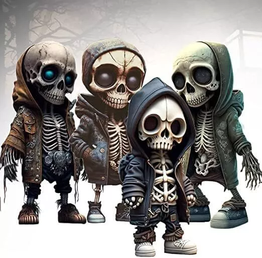 4 PCS Set Cool Skeleton Figurines Resin Skull Statue Halloween Party Decor Gifts