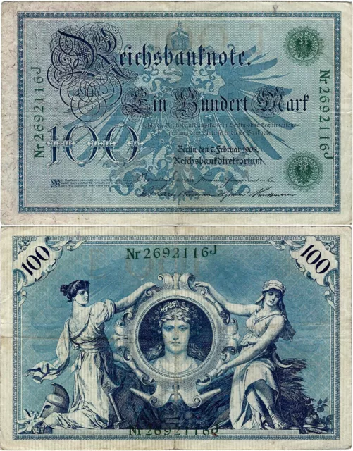 Banknote Reichsbanknote 100 Mark 1908 Berlin Reichsbank DEU-67 Ro.34 P-34