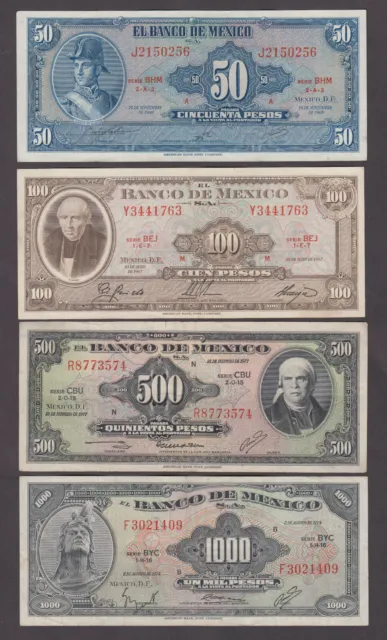 Mexico Vintage Set Printed N Usa 50-100-500-1000 1,000 Pesos 1960-70  Vf-Ef 2206