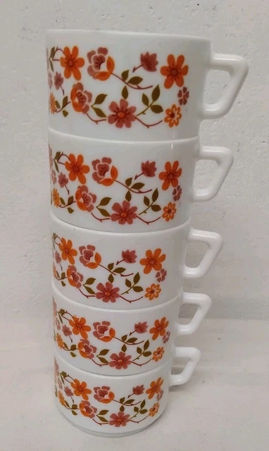Lot De 8 Tasses à Café Arcopal France - Décor Fleuri Vintage Opale Bleu - Années 70