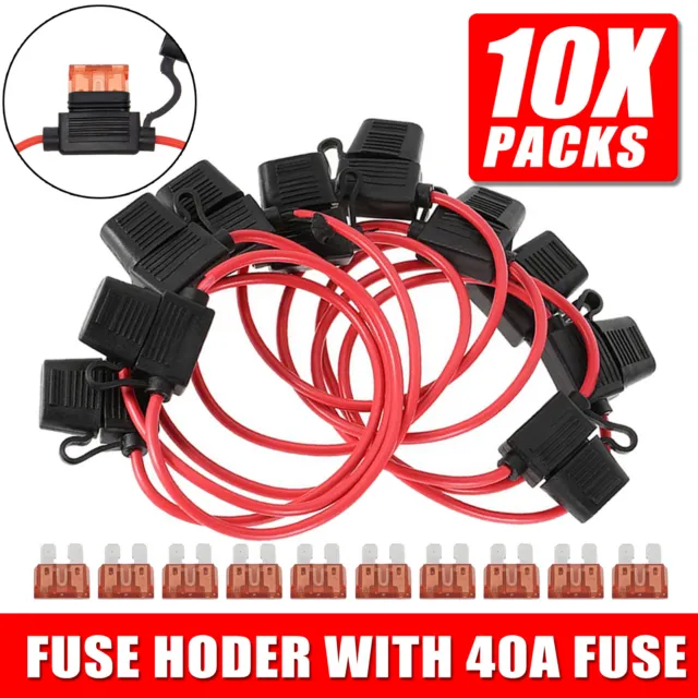 10 Pack 12 Gauge Standard ATC 40A Fuse Holder Inline Wire Copper 12V With Fuse