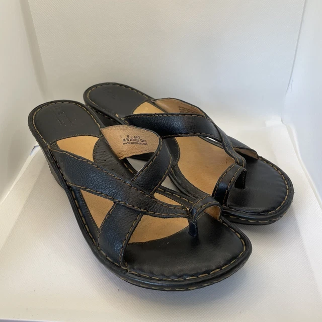 BORN womens Black Leather wedge heel sandal 9 thong toe loop Excellent