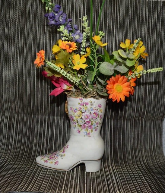 Victorian Boot Shoe Figurine Vase Hand Painted Porcelain with Artificial Flowers