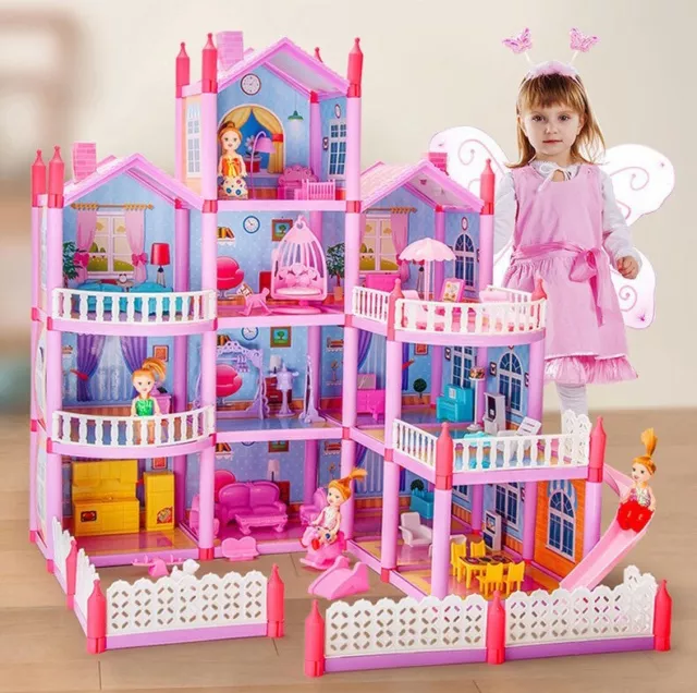 Doll House 4 Level Miniature Mansion Princess Villa Toy Set With Dolls Furniture