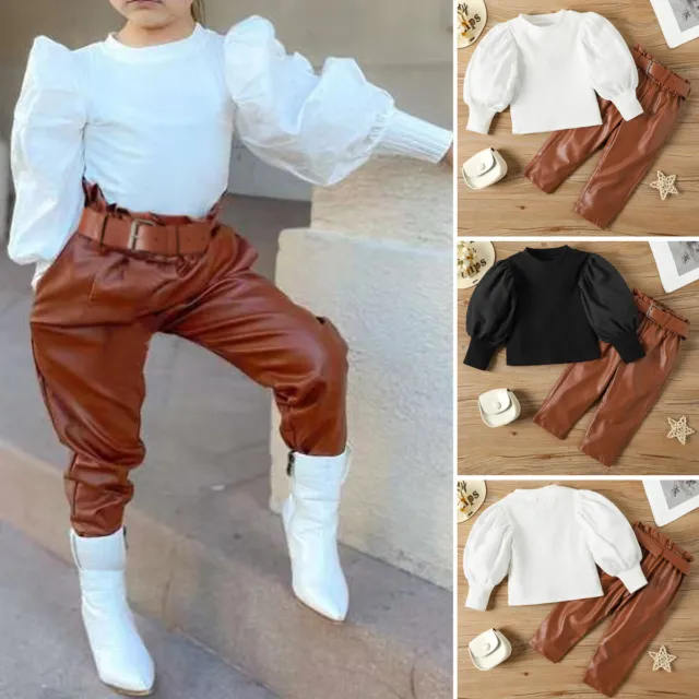 Maglione alla moda bambina bambina con maniche puff + pantaloni puff + set abiti da cintura