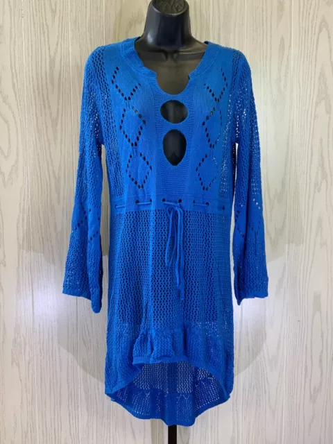 Women's V-Neck Crochet Bell Sleeve Swim Cover Up Dress, One Size, Blue NEW