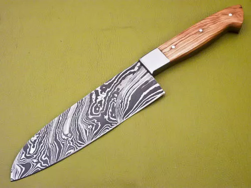 Hand Forged Damascus Steel FULL TANG Chef's Knife w/ Olive Wood Handle