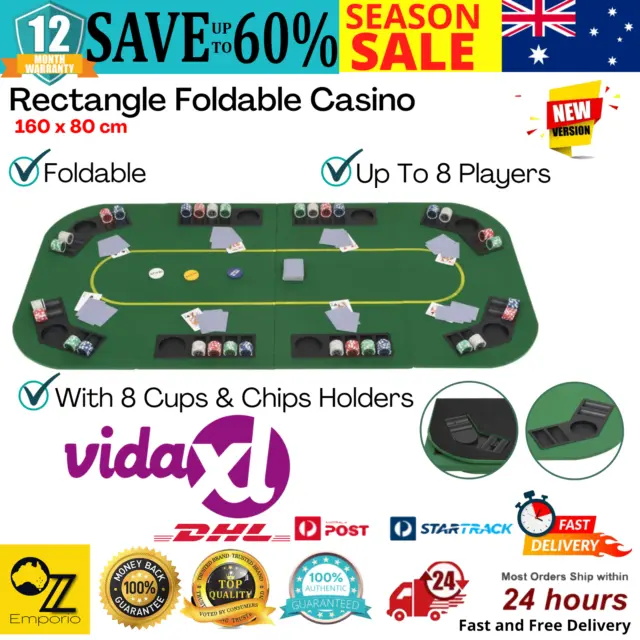 8 Player Rectangular Foldable Casino Card Poker Games Tabletop Mat w Cup Holders