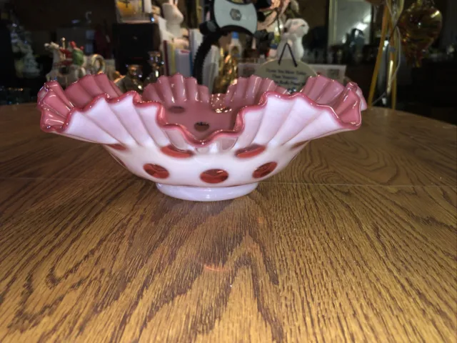 Fenton Cranberry Opalescent Coin Dot 10”Ruffled Edge Brides Basket