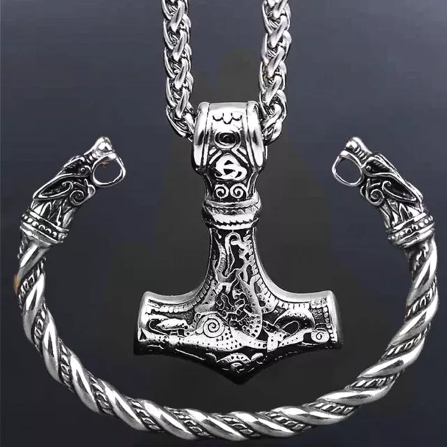 Mjölnir Amulett,Wikinger,FENRIR Wolfkopf Talisman Halskette mit Armreif Set 3