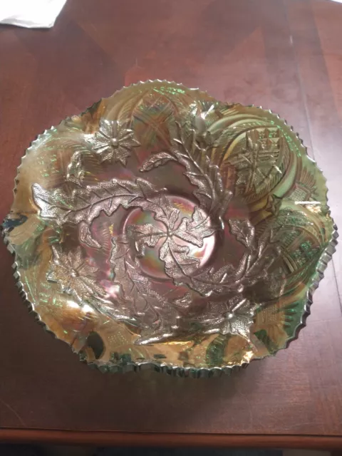 Millersburg Primrose Green Carnival Glass Ruffled Bowl, Fine Cut Hearts Back