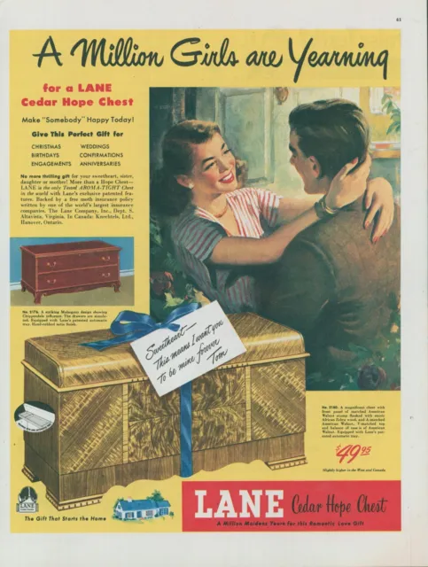 1947 Lane Cedar Hope Chest Walnut Zebra Wood Happy Couple Vtg Print Ad C19