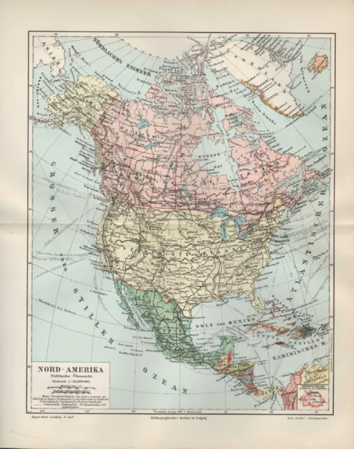 Landkarte map 1907: NORD-AMERIKA. Politische Übersicht. U.S.A. Mexico