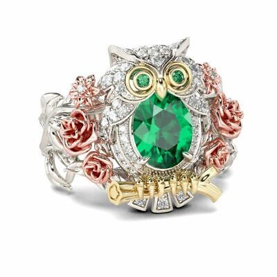 2Ct Oval Cut Green Emerald Owl Shape Engagement Ring Solid 14K White Gold Finish