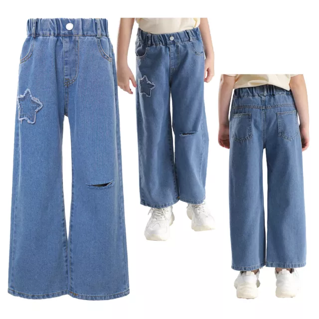 Kids Girls Jeans Running Trousers Long Sweatpants Athletic Denim Pants Hem Raw