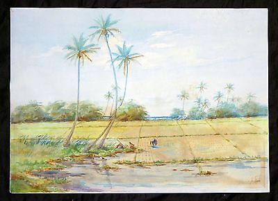 19C Hawaii Watercolor Painting "Rice Planting under Palms" by A. Focke (Geo)