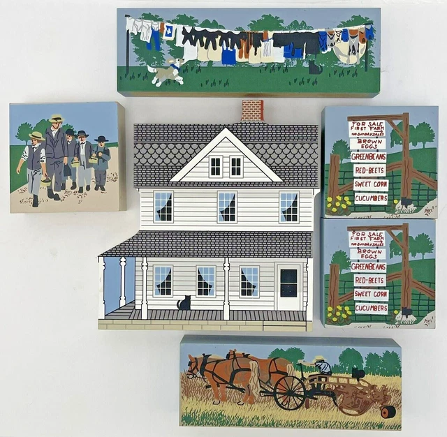 Cat's Meow Wood Amish Life Levi Miller Home Clothesline Raking Hay Produce Signs
