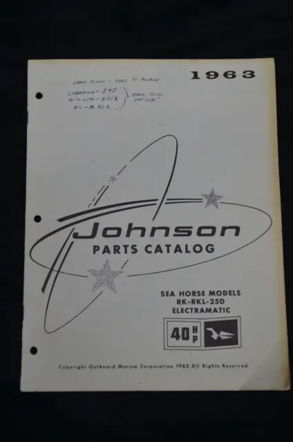 1963 Johnson Engine Parts Catalog 40HP Outboard - Sea Horse Models RK - RKL -25D