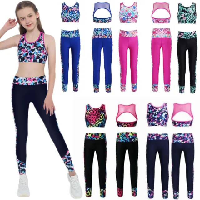 Freebily Kids Girls Crop Top with Leggings Outfit Sports Gymnastic Active Wear