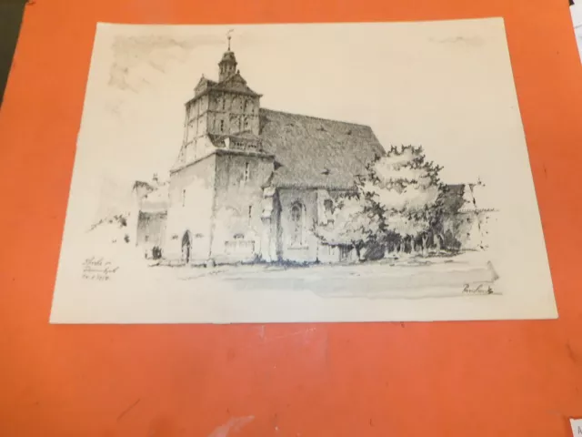 "Kirche in Dommitzsch", Original Bleistift- / Kohlezeichnung Otto Reinhardt 1950