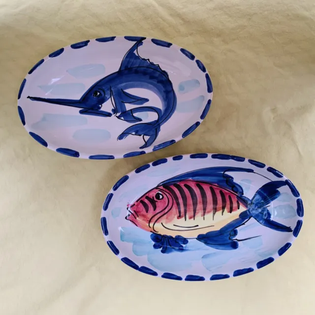 Set of 2 HandPainted Italian Fish Plates / Bowls, Swordfish & Fish, 8”x5” Italy