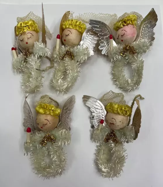 Vintage Christmas 5 Angel Spun Cotton Chenille Foil Wings Tie On Ornaments