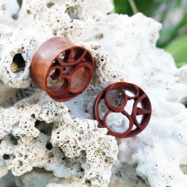 Organic Handmade Carved Wood Ohm Om Flesh Tunnel Ear Plugs Gauges 0G - 13/16"