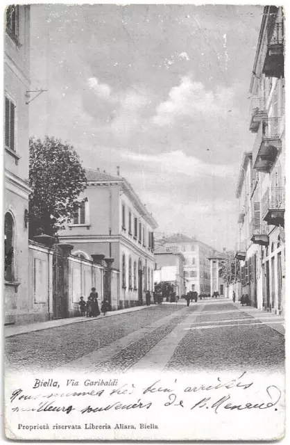 CARTOLINA DI BIELLA ,VIA GARIBALDI - Ed. LIBRERIA ALLARA - BIELLA viaggiata 1907