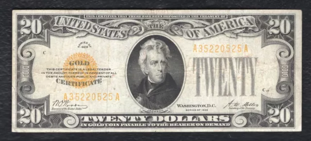 Fr. 2402 1928 $20 Twenty Dollars Gold Certificate Currency Note Very Fine (J)