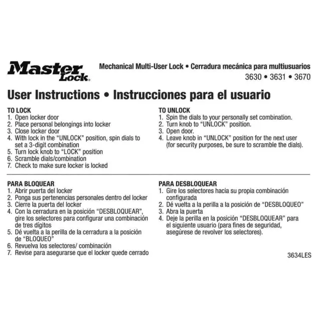 MASTER LOCK 3634LES Master Lock, Instruction Sticker,PK10