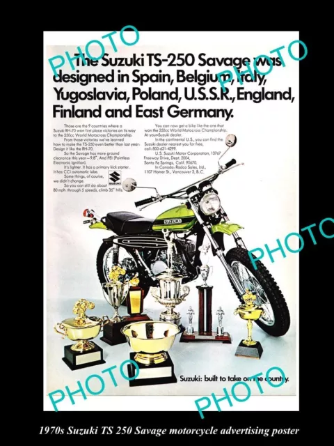OLD LARGE HISTORIC PHOTO OF 1970s SUZUKI TS 250 MOTORCYCLE ADVERTISING POSTER