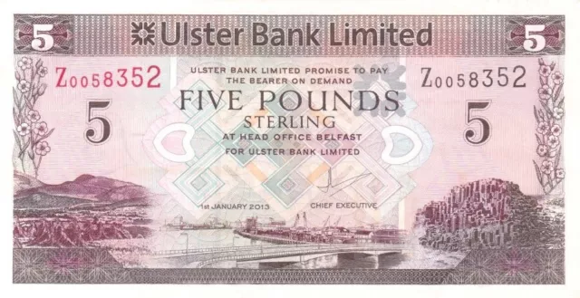 #Northern Ireland Ulster Bank Limited 5 Pounds 2013 P-340 VF+ Belfast