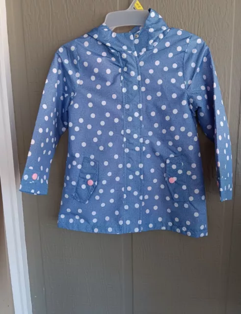 Carter’s Raincoat Blue White Polka Dots  Zip Hood Jacket Girls 6X  Pink Lining