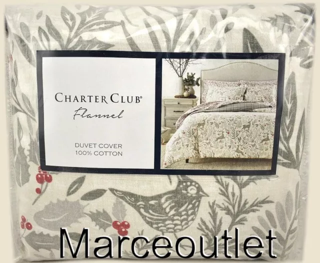 Charter Club Woodland Flannel Reversible FULL / QUEEN Duvet Cover Gray