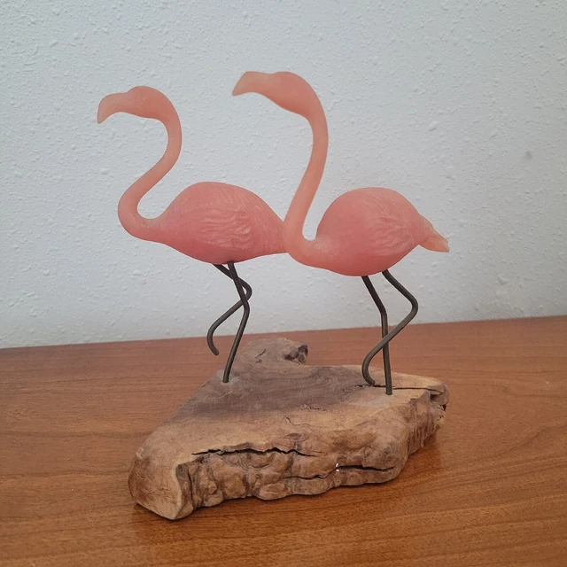 John Perry Flamingo Sculpture Pink Pair of Flamingos on Burlwood Signed 1986