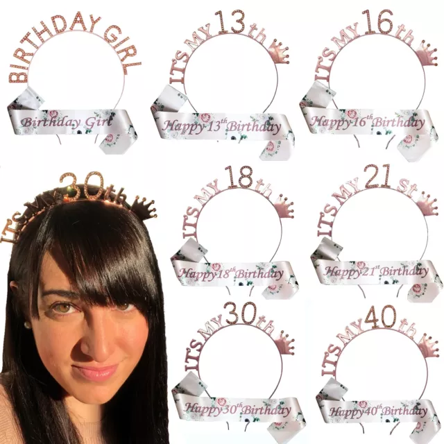 Rose Gold Birthday Tiara Rhinestone Headband Crown Sash Party Girl Women Gift